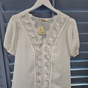 Summer Lace White Floral Tops for Women Size L